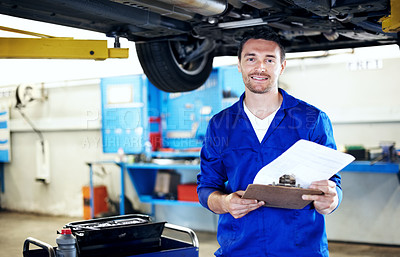 Buy stock photo Mechanic, portrait and car service checklist in workshop for fluid system, maintenance or happy. Technician, person and clipboard in garage for vehicle inspection, diagnostics and auto repair quote