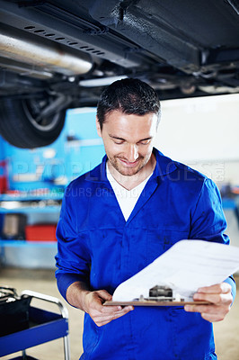 Buy stock photo Inspection, car or repairman in workshop with clipboard, quality control or review notes in evaluation. Maintenance, man or mechanic with checklist, vehicle diagnostic or assessment in auto service.