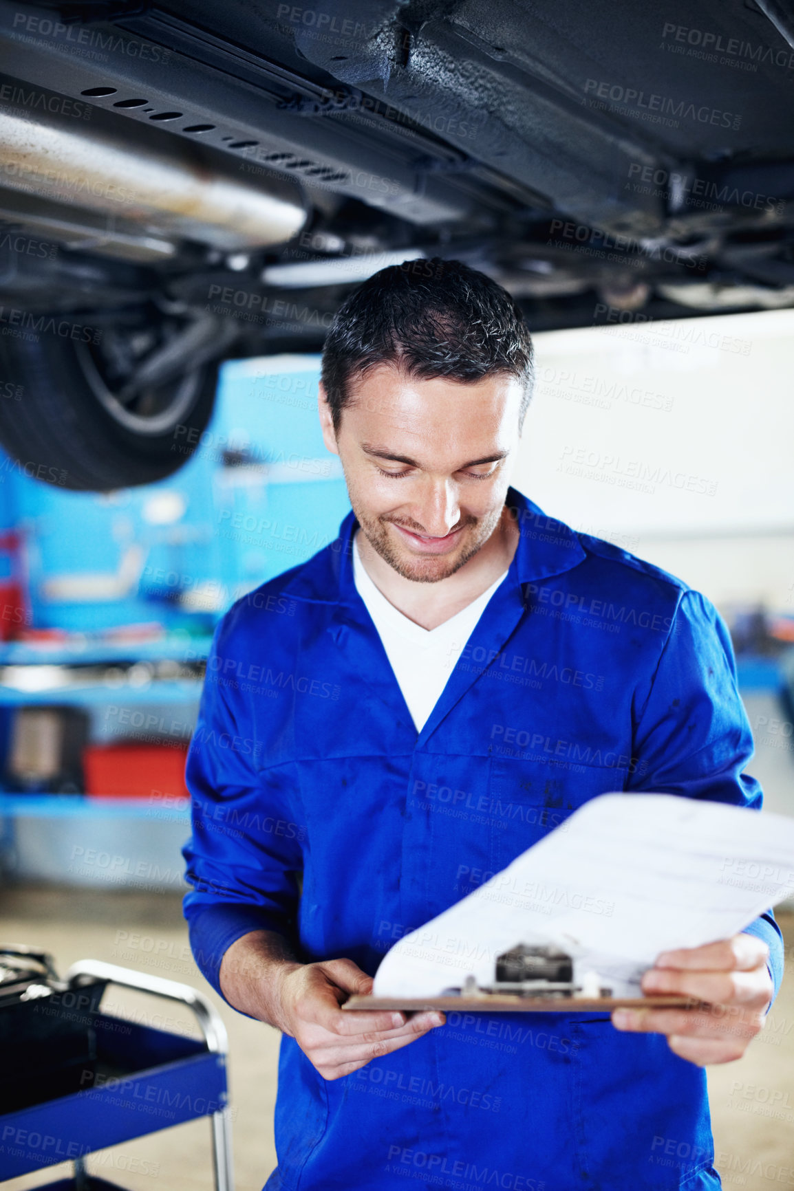 Buy stock photo Inspection, car or repairman in workshop with clipboard, quality control or review notes in evaluation. Maintenance, man or mechanic with checklist, vehicle diagnostic or assessment in auto service.
