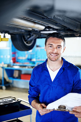 Buy stock photo Mechanic, portrait and car service checklist in garage for fluid system, maintenance or happy. Technician, man or clipboard in workshop for vehicle inspection, diagnostics or auto repair quote