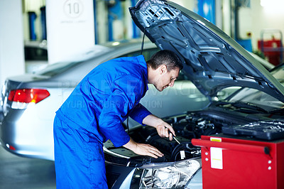 Buy stock photo Man, mechanic and tools at car for maintenance, engine diagnostics and repair service in garage. Employee, inspection and vehicle in workshop for fixing, calibration and mechanical evaluation