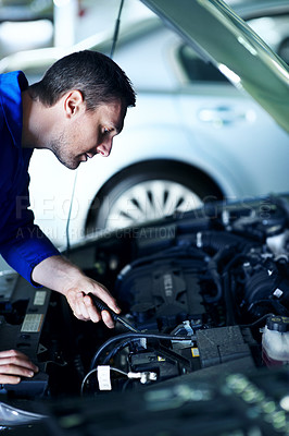 Buy stock photo Man, mechanic and tools at car for repair, engine diagnostics and maintenance service in garage. Employee, inspection and vehicle in workshop for fixing, calibration and mechanical evaluation