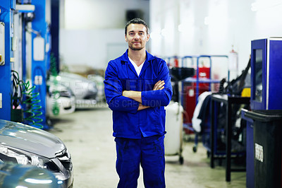 Buy stock photo Arms crossed, mechanic and portrait with man in garage for automobile maintenance or repair. Industry, service and transport with confident engineer in vehicle workshop for professional inspection