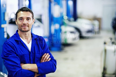 Buy stock photo Arms crossed, portrait and space with man in garage for automobile maintenance or repair. Car, engineering and Industry with confident mechanic in vehicle workshop for professional inspection