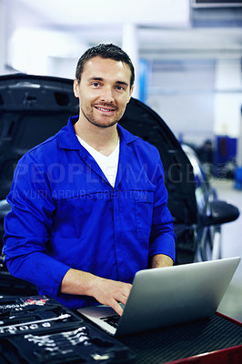 Buy stock photo Laptop, mechanic and portrait of man for maintenance, on board diagnostics and order parts in garage. Employee, computer and tools in workshop for car service, online evaluation and quality assurance