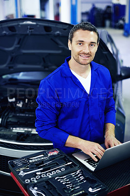 Buy stock photo Laptop, mechanic and portrait of man for service, on board diagnostics and order parts in garage. Employee, computer and tools in workshop for car maintenance, online evaluation and quality assurance
