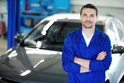 Buy stock photo Man, mechanic and arms crossed with car at workshop in portrait for job, inspection or repair service. Person, technician or engineer with vehicle, confidence or career for maintenance in auto garage