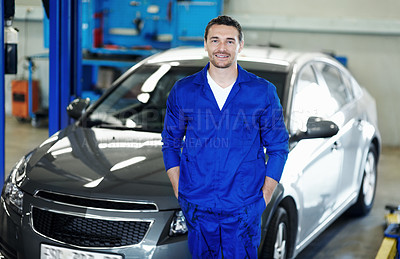 Buy stock photo Car, mechanic and portrait with man in garage for automobile maintenance or repair. Industry, service and transportation with engineer in vehicle workshop for professional check or inspection