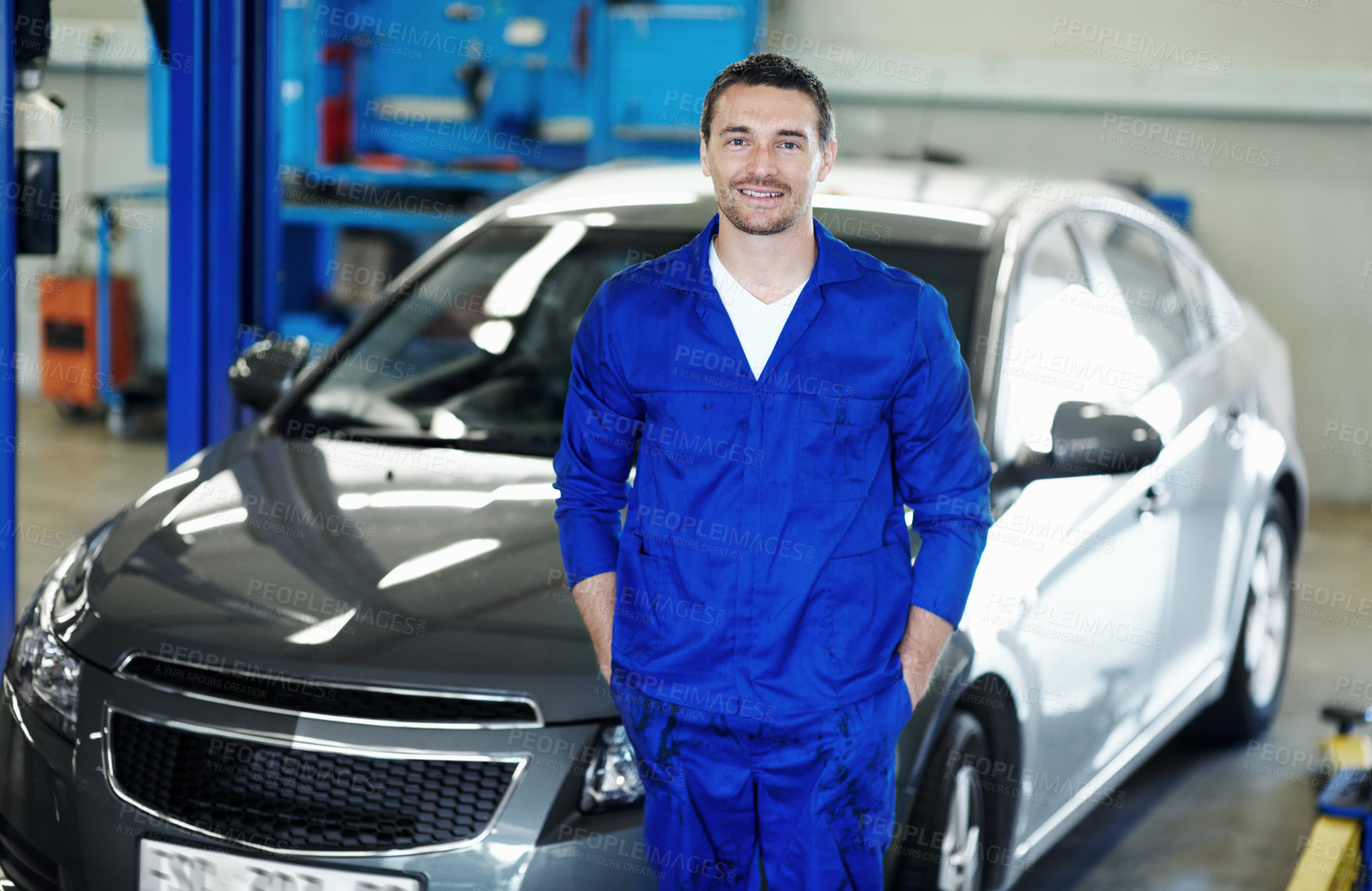 Buy stock photo Car, mechanic and portrait with man in garage for automobile maintenance or repair. Industry, service and transportation with engineer in vehicle workshop for professional check or inspection