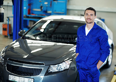 Buy stock photo Mechanic, auto repair and man with portrait in workshop for car service, maintenance and about us. Technician, person and smile in garage for vehicle inspection, calibration assistance or confidence