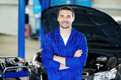 Buy stock photo Man, portrait or mechanic in workshop with arms crossed, repair service or about us for maintenance. Repairman, confident or car in garage for quality assurance, care or diagnostics in small business