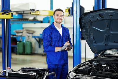 Buy stock photo Engine, car and portrait with man in workshop for motor oil change, mechanic inspection and auto repair. Brake fluid check, transmission maintenance and transport diagnostics with person in garage