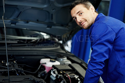 Buy stock photo Mechanic, car and portrait with man in garage for motor oil change, engine inspection and auto repair. Brake fluid check, transmission maintenance and transport diagnostics with person in workshop