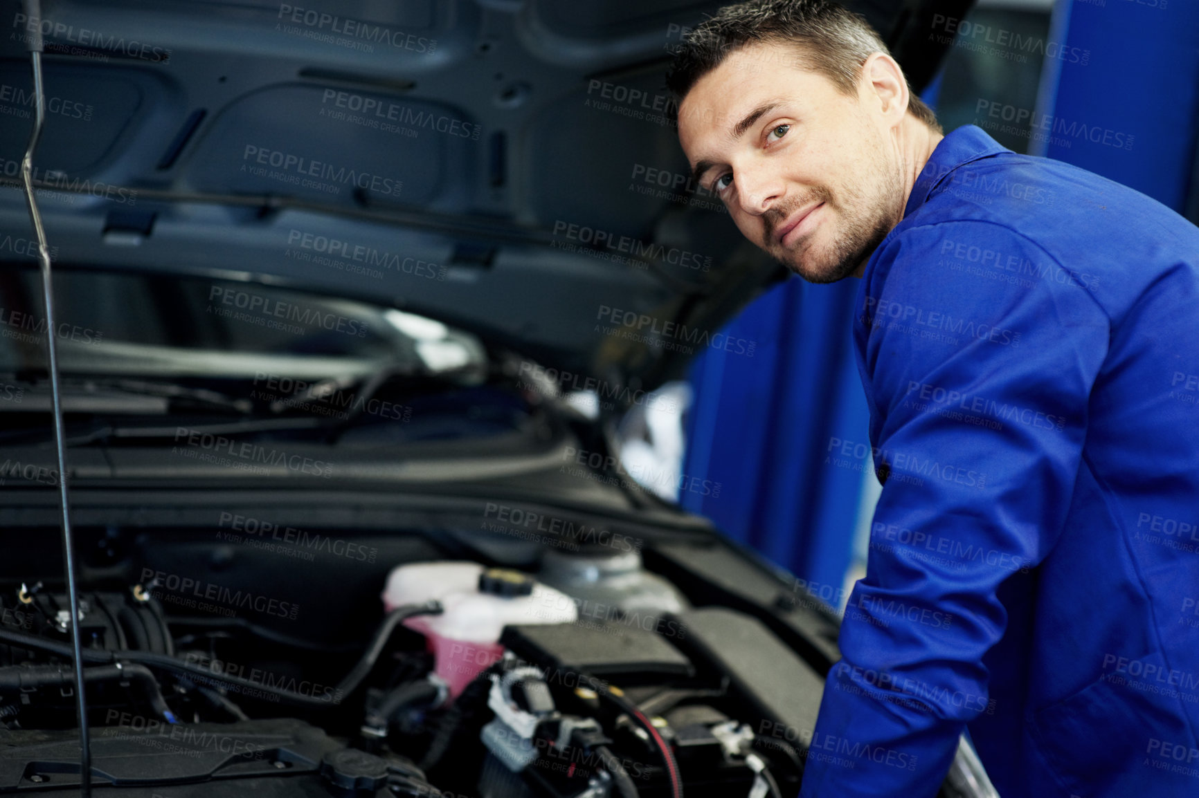 Buy stock photo Mechanic, car and portrait with man in garage for motor oil change, engine inspection and auto repair. Brake fluid check, transmission maintenance and transport diagnostics with person in workshop