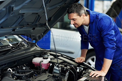 Buy stock photo Mechanic, car and technician man in workshop for motor oil change, engine inspection and auto repair. Brake fluid check, transmission maintenance and transport diagnostics with person in garage