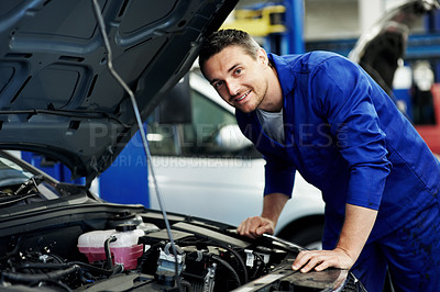 Buy stock photo Mechanic, smile and portrait with man and car for motor oil change, engine inspection and auto repair. Brake fluid check, transmission maintenance and transport diagnostics with person in garage