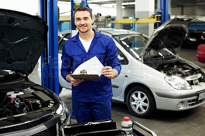 Buy stock photo Man, technician and clipboard for car at garage in portrait for notes, inspection or repair services. Person, mechanic or engineer with vehicle, checklist and confidence for career at auto workshop