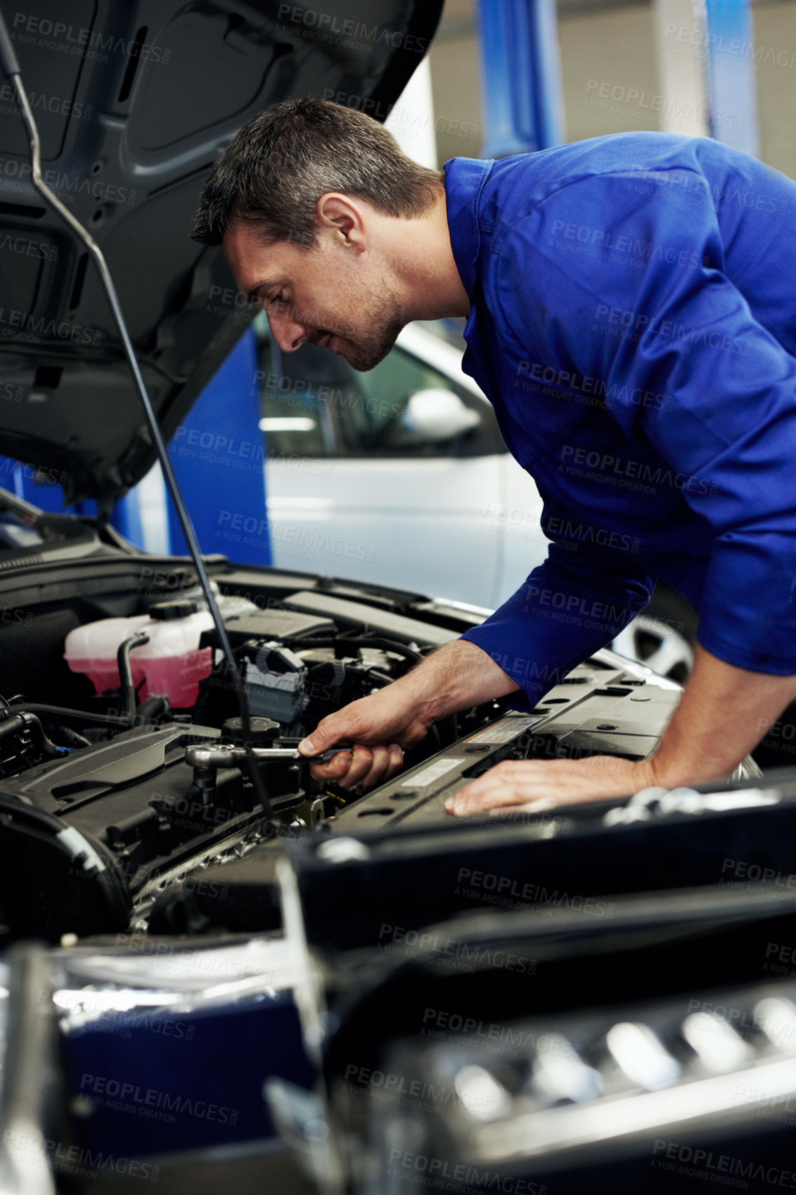 Buy stock photo Tools, inspection and man with car for engine repair, diagnostics or maintenance for auto service. Garage, workshop and mechanic with equipment for fixing, calibration and replacement for vehicle