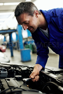 Buy stock photo Happy, inspection and man with car for engine repair, diagnostics or maintenance for auto service. Garage, tools and mechanic with equipment for fixing, calibration and performance test for vehicle