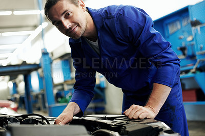 Buy stock photo Workshop, portrait and man with car for engine repair, diagnostics or maintenance for auto service. Garage, happy and mechanic with equipment for fixing, calibration and inspection for vehicle