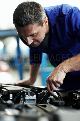 Buy stock photo Workshop, inspection and man with car for engine repair, diagnostics or maintenance for auto service. Garage, tools and mechanic with equipment for fixing, calibration and replacement for vehicle