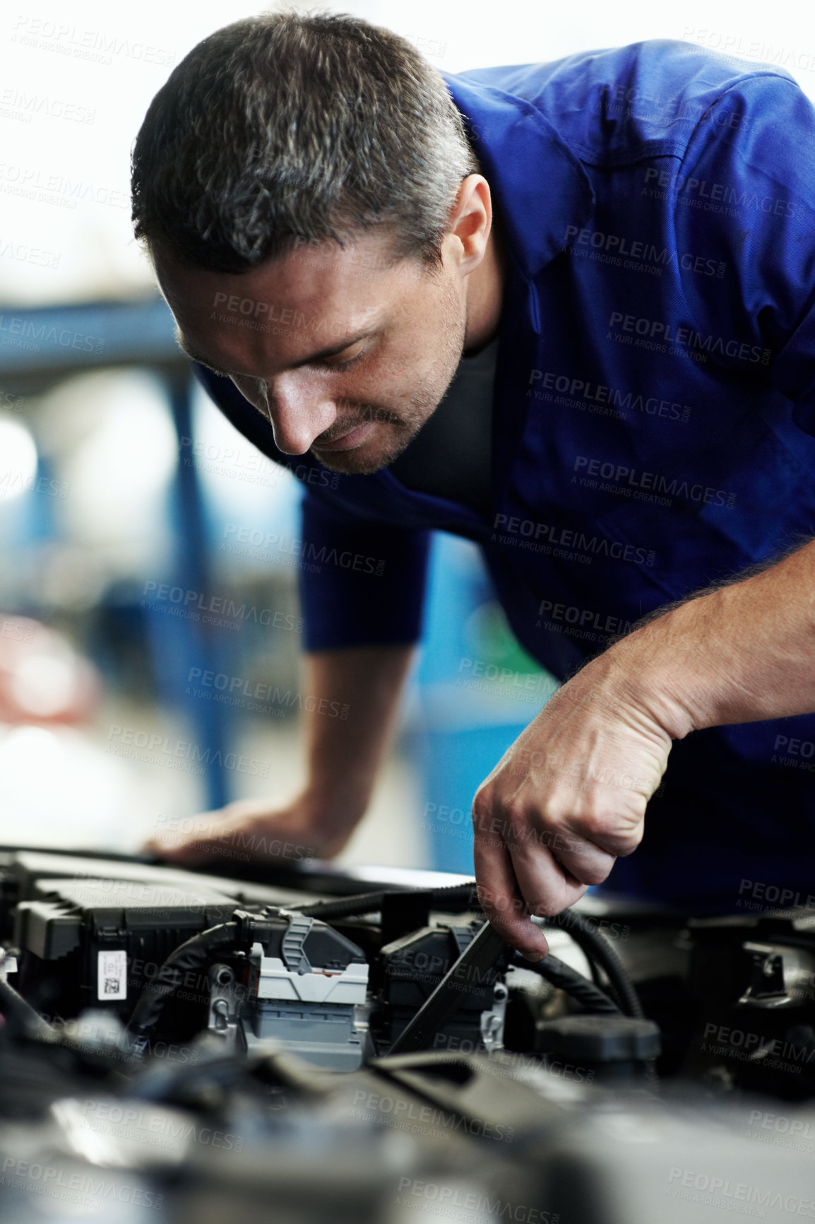 Buy stock photo Workshop, inspection and man with car for engine repair, diagnostics or maintenance for auto service. Garage, tools and mechanic with equipment for fixing, calibration and replacement for vehicle