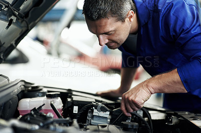 Buy stock photo Mechanic, car and service with man in workshop for motor oil change, engine inspection and auto repair. Brake fluid check, transmission maintenance and transport diagnostics with person in garage