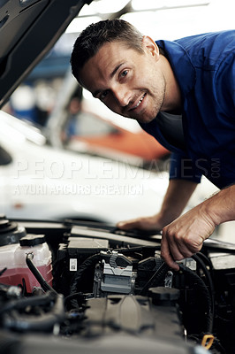 Buy stock photo Mechanic, car and portrait with man in workshop for motor oil change, engine inspection and auto repair. Brake fluid check, transmission maintenance and transport diagnostics with person in garage