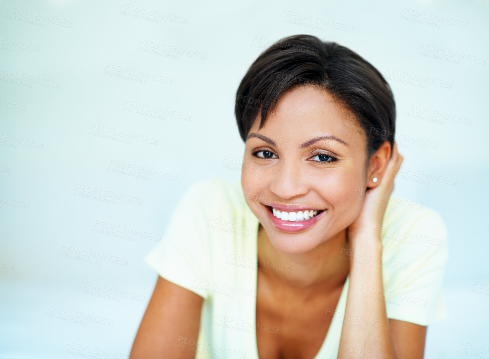 Buy stock photo Portrait, woman and relax on bedroom with smile, peace and comfortable for calm morning. Space, female person and chilling at house with happiness, positive attitude and stress free for weekend break