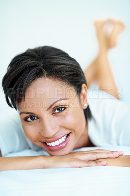 Buy stock photo Smile, woman and relax on bed for peace, cosy and comfortable for calm morning. Portrait, female person and chilling in bedroom with happiness, positive attitude and weekend break for unwind at house