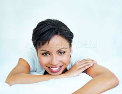 Buy stock photo Portrait, woman and relax on bed with smile, peace and comfortable for calm morning. Space, female person and rest in bedroom with happiness, positive attitude and weekend break for unwind at house