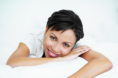 Buy stock photo Break, portrait and smile of woman on bed in home for me time or morning wellness. Comfortable, relax and satisfaction with happy person in bedroom of apartment for chilling, downtime or rest