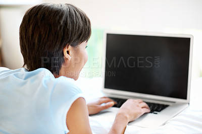Buy stock photo Creative, freelancer and woman with laptop screen on bed, research and planning for blog post on web. Copywriting, remote work and person with technology, email marketing and typing article in house