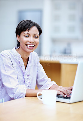 Buy stock photo Review, portrait or businesswoman in office with laptop, investment research or good news on pitch report. Happy, space or finance advisor with tech, budget approval or feedback on funding proposal.