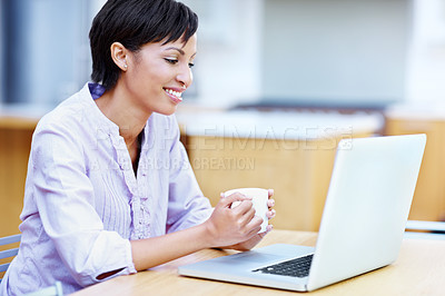 Buy stock photo Coffee, finance and laptop with business woman in office for investment research or schedule. Computer, drink and stock market with happy employee in financial workplace for portfolio management