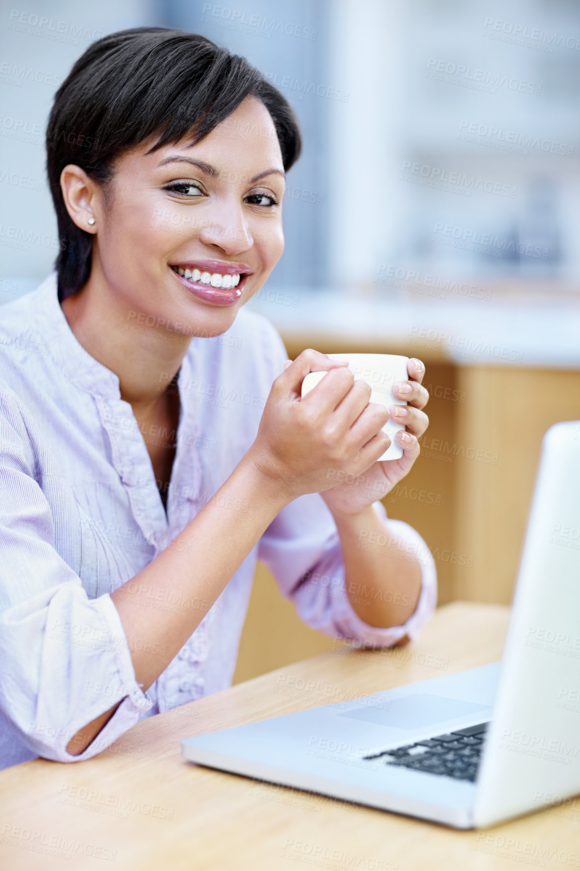 Buy stock photo Portrait, coffee or businesswoman in firm with laptop, positive attitude or pride as investment advisor. Smile, warm mug or financial consultant with tech, ambition or about us in risk management.