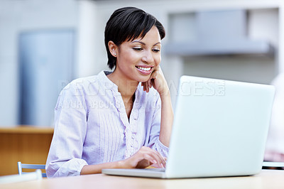 Buy stock photo Finance, laptop and smile with business woman in office for planning, research or schedule. Computer, feedback and investment with happy employee in workplace for risk management report or review