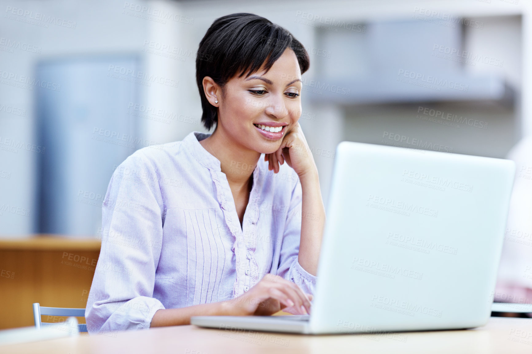 Buy stock photo Finance, laptop and smile with business woman in office for planning, research or schedule. Computer, feedback and investment with happy employee in workplace for risk management report or review