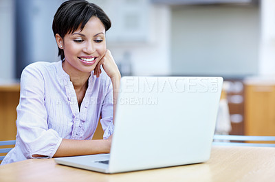 Buy stock photo Finance, laptop and smile with accountant woman in office for planning, research or schedule. Business, computer and investment with happy employee in workplace for risk management report or review