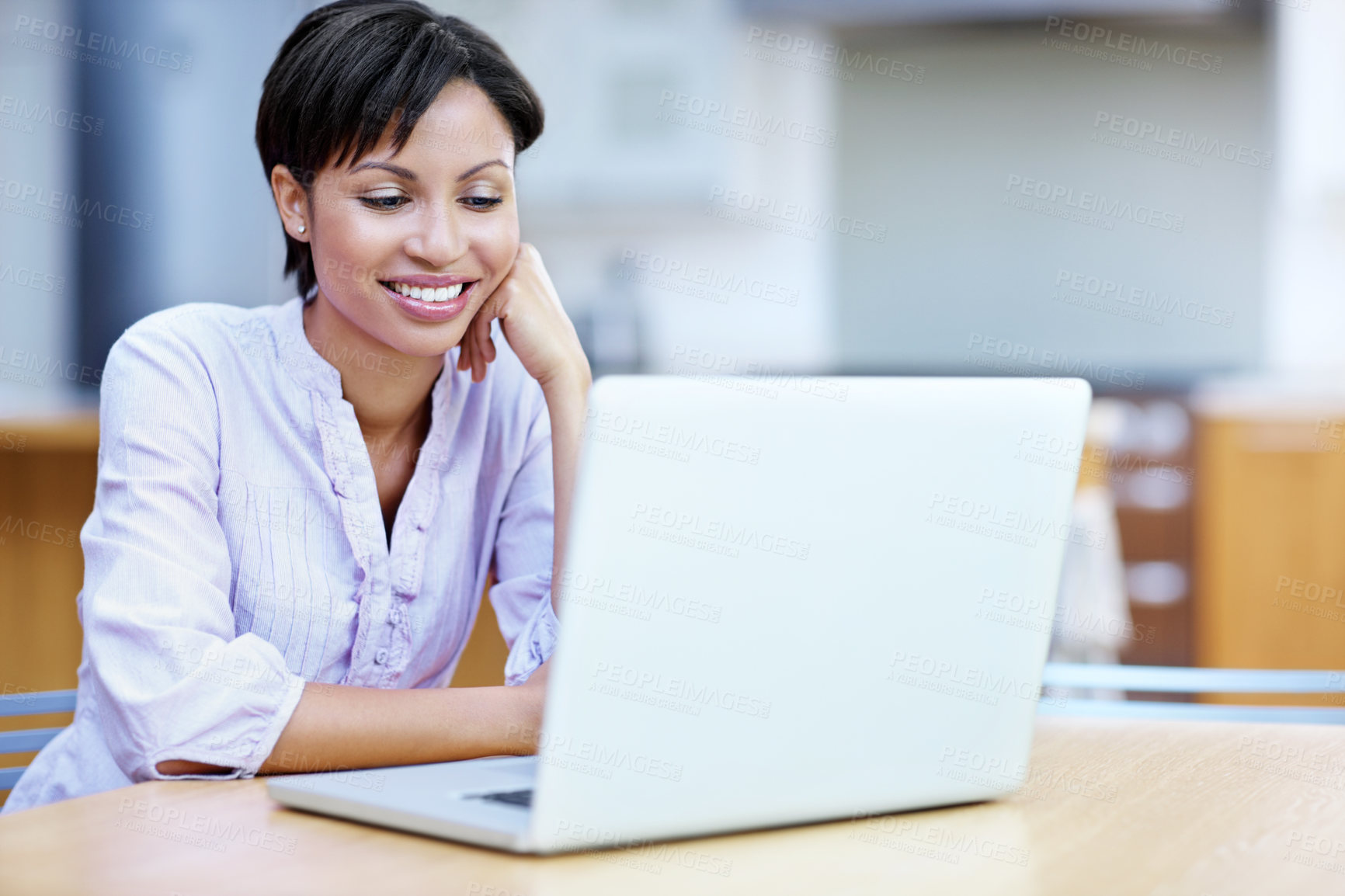 Buy stock photo Finance, laptop and smile with accountant woman in office for planning, research or schedule. Business, computer and investment with happy employee in workplace for risk management report or review