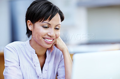 Buy stock photo Business, laptop and smile with woman in office for digital planning, research or schedule. Computer, reading and review with happy employee in workplace for email feedback, information or report