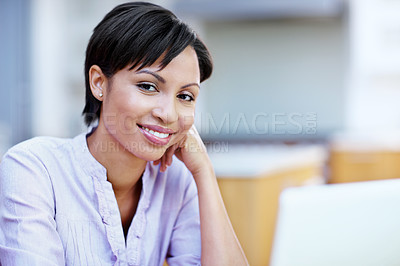 Buy stock photo Business, smile or woman in office with pride, positive attitude or career growth as investment advisor. Happy, space or financial consultant with tech, ambition or about us in risk management.