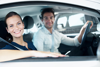 Buy stock photo Happy couple, woman and dealership portrait in new car for vehicle collection, purchase or drive. Investment, buyers and smile in automobile for rental deal, financial milestone and transport upgrade