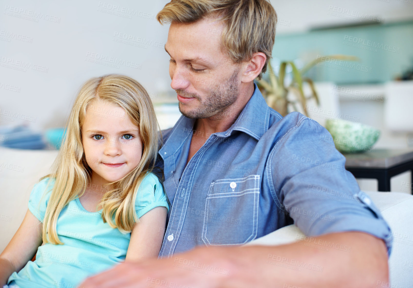 Buy stock photo Comfortable, daughter and father on sofa in home living room together for love, support or wellness. Bonding, break and portrait of girl child with single parent in apartment for family security
