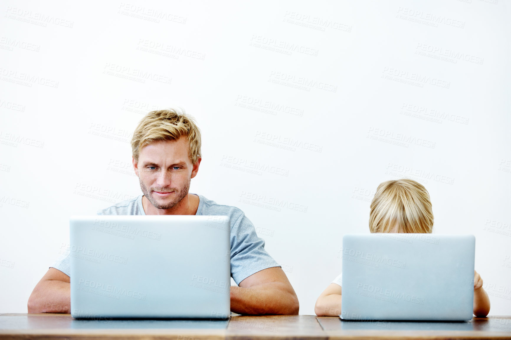 Buy stock photo Laptop, freelancer and study with father and child in home for support, research and teaching portal. Remote work, online project and elearning website with man and kid in family house for help
