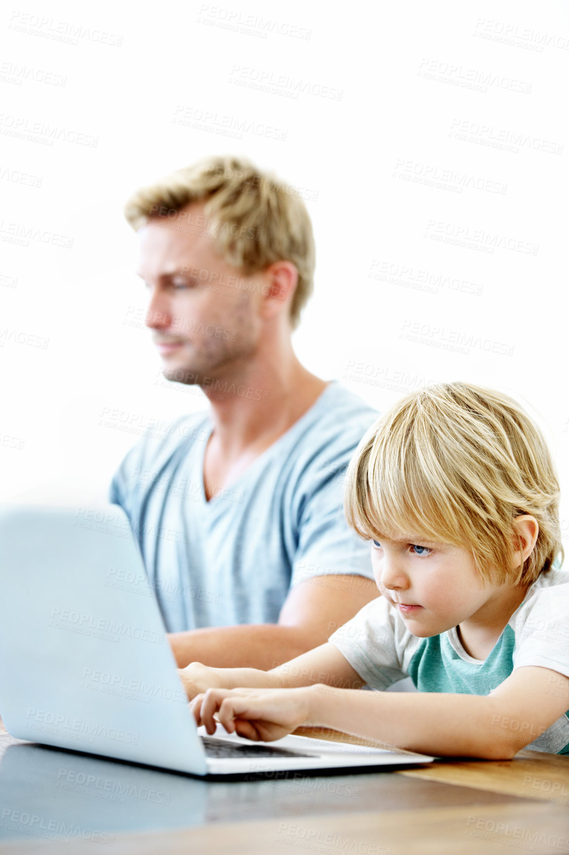 Buy stock photo Laptop, freelancer and typing with father and child in home for support, research and teaching portal. Remote work, online project and elearning website with man and kid in family house for help