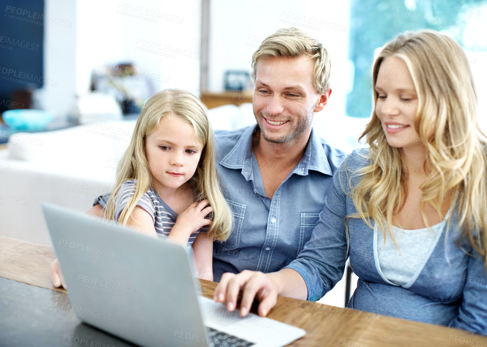 Buy stock photo Browsing, parents and child with laptop in home for series selection, movie weekend or support. Relax, happy people and kid with tech in house for cartoon choice, film subscription or family bonding