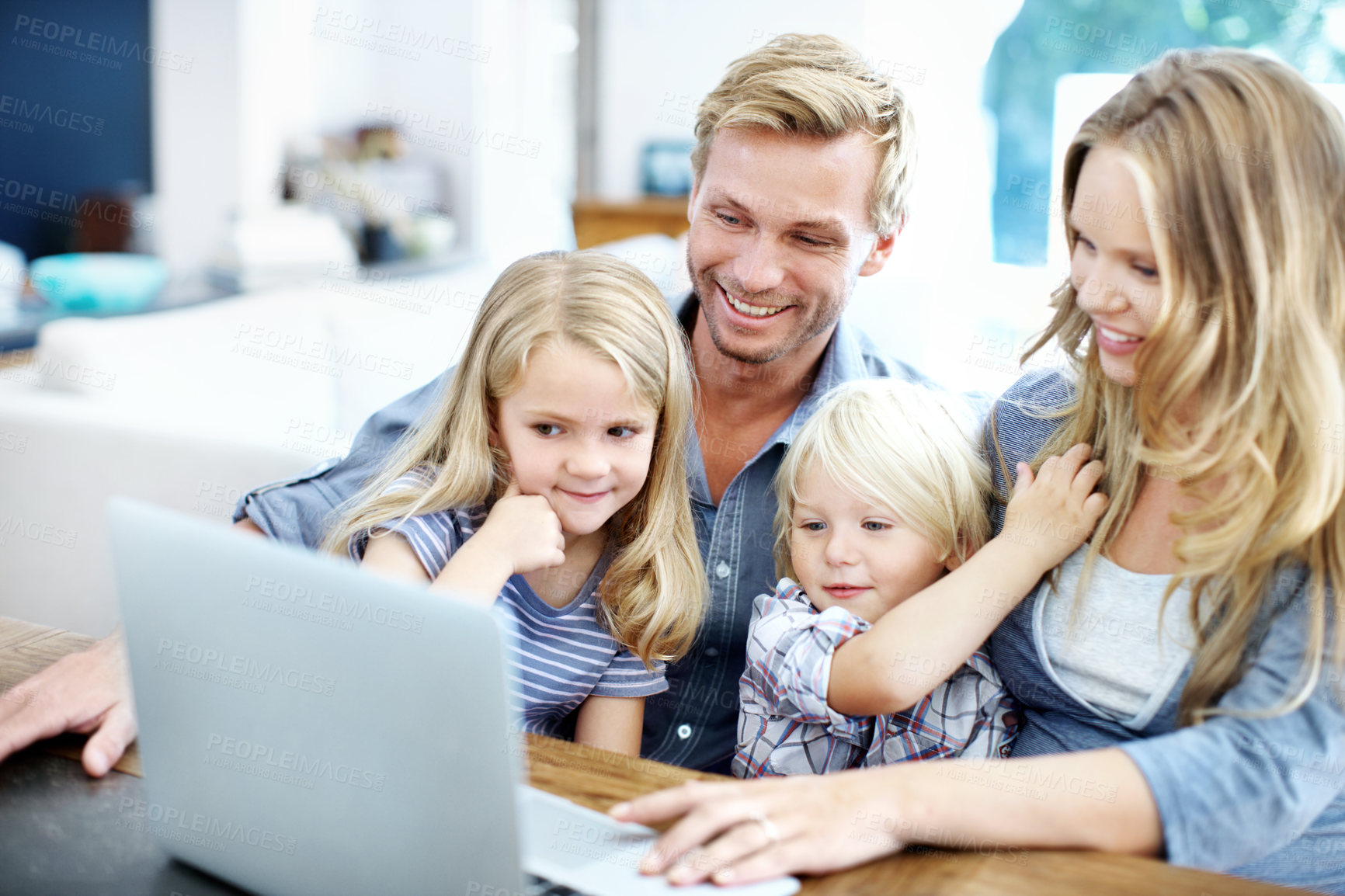 Buy stock photo Browsing, parents or children with laptop in home for series selection, movie weekend or support. Relax, happy people and kids on tech in house for cartoon choice, film subscription or family bonding