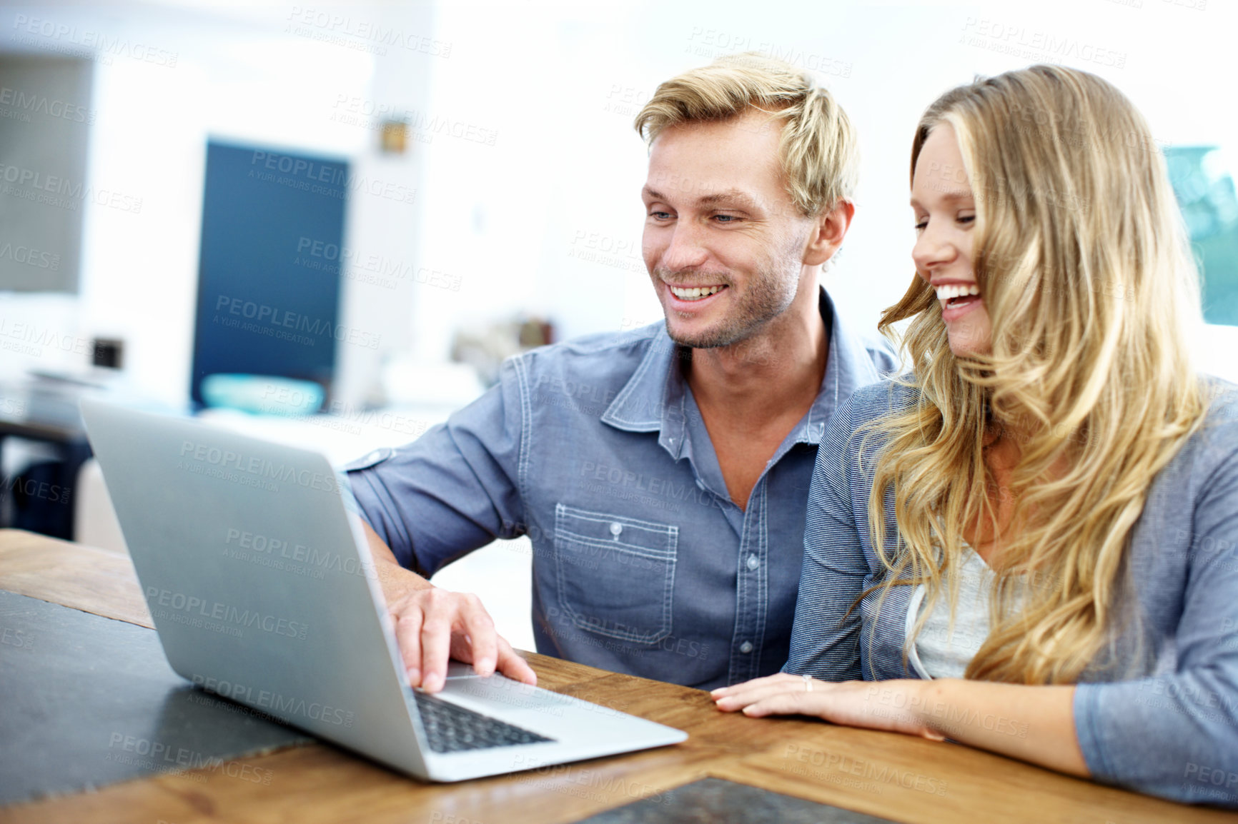 Buy stock photo Smile, couple and relax in home with laptop, research and online banking for loan application. Happy, people and laugh in living room with pc, financial report and credit score for household expenses