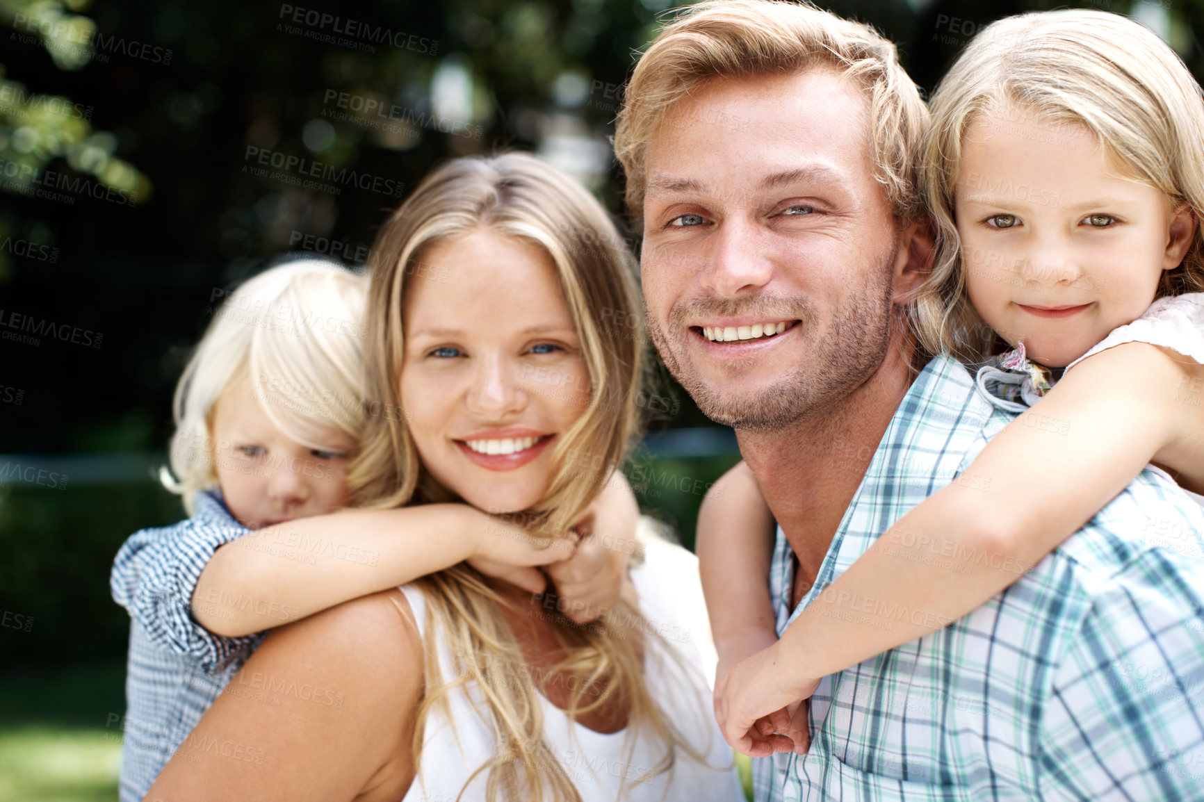 Buy stock photo Family, piggyback and portrait of parents with children for summer holiday, weekend and nature outdoors. Love, park and happy mother with father, kids and smile for bonding and relax in together